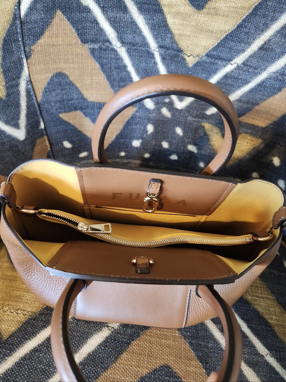 Furla Gilda Cognac Brown Leather Mini Tote Handbag NWOT Mustard Suede Giftable - Picture 5 of 10